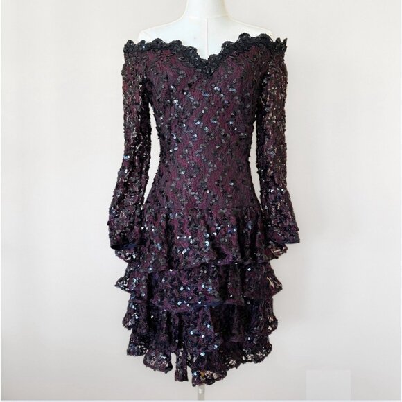 Vintage Lillie Rubin sz 6 80s 90s Black Brown Sequin Cocktail Prom Dress Formal - Picture 1 of 12